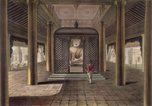 Um soldado de pé em um templo de Rangoon, gravado por George Hunt, 1825 (aquatint colorido)