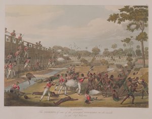 Rangoon: O ataque de uma das principais paliçadas em 8 de julho de 1824, prato 15 de "Rangoon Views", gravado por George Hunt, 1825 (aquatint)