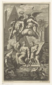 Hércules coroado por Vitória CD. Bruyns Reysen (título no objeto) Página de rosto para: Cornelis de Bruyn, Reizen, 1698 de Joseph Mulder