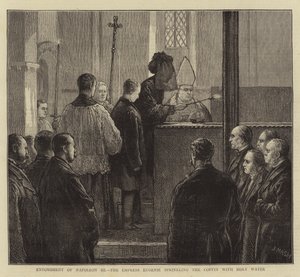 Enterro de Napoleão III, a Imperatriz Eugenie aspergindo o Caixão com Água Benta