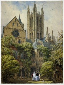 Professor, mulher, criança e cachorro na Catedral Close de Joseph Nash