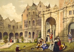 Tomando refresco no gramado do terraço, Holland House, Kensington, de &39;Architecture in the Middle Ages&39;, 1838 de Joseph Nash
