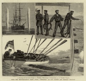 Com a Frota do Mediterrâneo, HMS Monarch na Gun Cotton e Torpedo Practice
