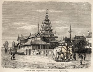 O palácio do Rei de Ava, em Amarapoura (actual Birmânia), desenhado por Navlet para ilustrar a viagem ao reino de Ava, em 1855, do Capitão Henri Yule do corpo do génio Bengali. Gravura em "Le tour du monde, nouveau journal des voya