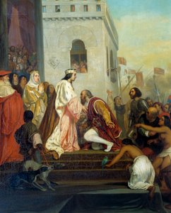 Recepção de Cristóvão Colombo (1451-1506) pelos reis de Espanha Fernando II de Aragão e Isabel 1 de Castela (chamada a Católica) em Barcelona em 1493 O explorador regressa com índios cativos. Detalhe. Pintura de Joseph Nicolas Robert Fleury (1