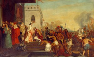 Recepção de Cristóvão Colombo (1451-1506) pelos reis de Espanha Fernando II de Aragão e Isabel 1 de Castela (chamada a Católica) em Barcelona em 1493 O explorador retorna com índios cativos. Pintura de Joseph Nicolas Robert Fleury (1797-1890)
