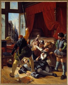 Guerra da religião: "Cena de la Saint Barthelemy, assassinato de Briou, governador do Príncipe de Conti, 24/08/1572" Pintura de Joseph Nicolas Robert Fleury (1797-1890) 1833 Sol. 1,64x1,3 m