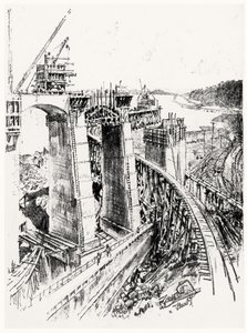 Abordagens para o fechamento de Gatun, placa VI do canal do Panamá por Joseph Pennell, 1912 (carvão vegetal no papel) de Joseph Pennell