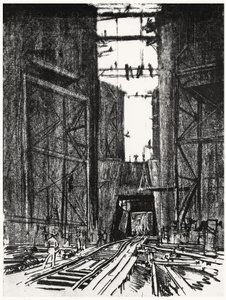 Na parte inferior da eclusa de Gatun, placa IV do Canal do Panamá por Joseph Pennell, 1912 (carvão sobre papel) de Joseph Pennell