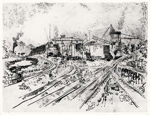 Edifício Miraflores Bloqueio, placa XXI do Canal do Panamá por Joseph Pennell, 1912 (carvão sobre papel) de Joseph Pennell