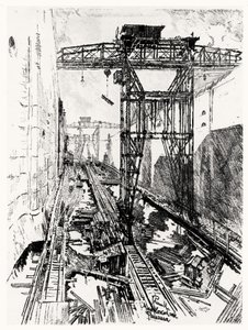 Guindastes no bloqueio de Miraflores, placa XXII do Canal do Panamá por Joseph Pennell, 1912 (carvão sobre papel) de Joseph Pennell