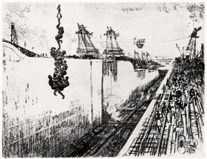 Hora do jantar no Gatun, prato III do Canal do Panamá por Joseph Pennell, 1912 (carvão sobre papel) de Joseph Pennell