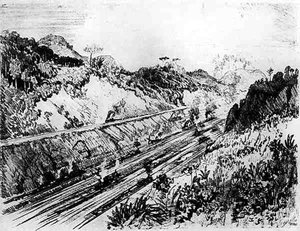 No Corte em Las Cascades, placa XII do Canal do Panamá por Joseph Pennell, 1912 (carvão sobre papel)