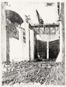 Colocação do Chão: Pedro Miguel Lock, prato XVIII do Canal do Panamá por Joseph Pennell, 14 de fevereiro de 1912 (carvão) de Joseph Pennell