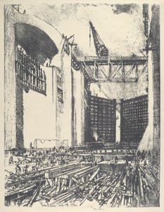 Colocação do Piso de Pedro Muguel Lock, 1912. de Joseph Pennell