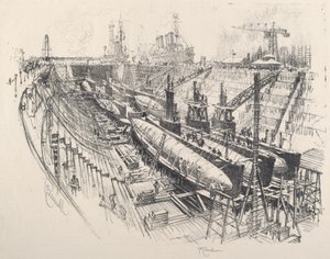 Submarinos em doca seca de Joseph Pennell