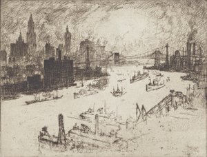 Pôr do sol, da ponte de Williamsburg, 1915. de Joseph Pennell