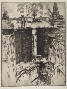 O Portão de Guarda, Gatun Lock, Panamá, 1912 (gravura em papel) de Joseph Pennell