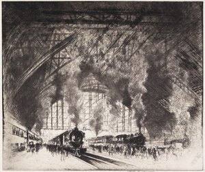 Os trens que vêm e os trens que vão, Pennsylvania Railroad, Filadélfia, 1919 de Joseph Pennell