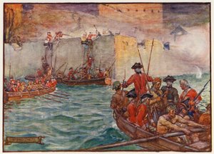 O Almirante Edward Vernon liderando um ataque durante a Guerra da Orelha de Jenkins (litografia a cores)