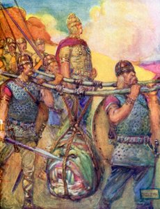 Carregando a cabeça hedionda de Grendel (litografia a cores)