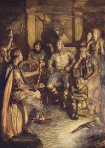 O homem cintilante canta os feitos do Beowulf (cor litho)