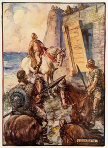 Macbeth sendo recusado a entrada por Lady Macduff enquanto seu marido escapa por mar de Joseph Ratcliffe Skelton