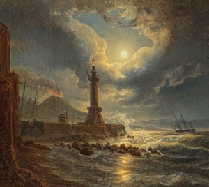 Farol no porto de Nápoles ao luar