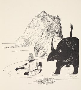 O Parsee começando a comer seu bolo na ilha desabitada, ilustração de "apenas assim histórias para crianças pequenas" por Rudyard Kipling, pub. Londres, 1951