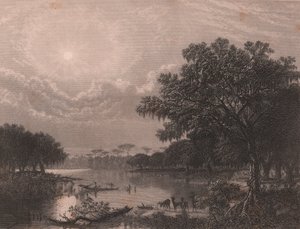 Louisiana Bayou, Estados Unidos, gravura em metal aço de Robert Hinshelwood (1812-depois de 1875) após pintura de Joseph Rusling Meeker (1827-1889), cerca de 16x18 cm