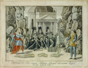 Tamino e Papageno com as três damas ... (gravura) de Joseph Schaffer