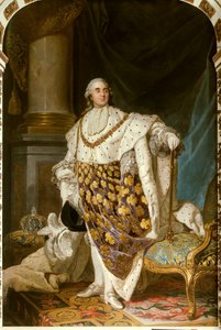 Retrato no pé do Rei da França Luís XVI em traje sagrado (1754-1793) Ele tem o colar da Ordem do Espírito Santo (Espírito Santo) - Pintura do Atelier de Joseph Siffred Duplessis (1725-1802) (Joseph-Siffrede, Joseph-Siffrede, Joseph Si