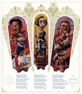 Caricaturas: Meiji Imperador do Japão; Maurice Barres, escritor francês e político nacionalista; Jean Jaures, político francês (cor litho)