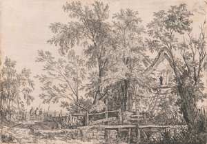 Casa de campo degradada na paisagem com figuras
