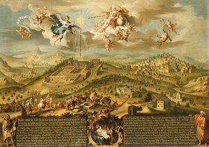 Vista de Belém com a Jornada dos Reis Magos, a Trindade Acima e a Natividade em uma Cartela Pintada Abaixo, 1752 de Joseph Stephan