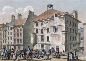Os Massacres de Setembro: O Massacre na Prisão Abbaye perto de St. Germain des Pres, 2 - 5 de setembro de 1792, gravado por Reinier Vinkeles (1741-1816) e Daniel Vrydag (1765-1822) (gravura colorida de Joseph Swebach Desfontaines