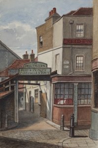 Vista da Bell Tavern, Addle Hill, mostrando sinal para Reid e Companys celebrada stout, e um post de meio-fio, 1868 (wc no papel) de Joseph Thomas Wilson