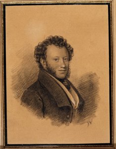 Retrato do escritor Alexandre Pouchkine (1799-1837) - Obra de Joseph Vivien (1793-1852), lápis e aquarela sobre papel