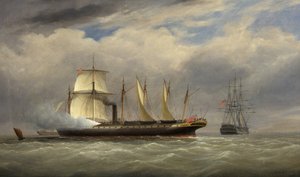 A SS &39;Grã-Bretanha&39; a vapor e vela, saudando um navio de guerra