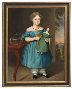 Retrato de Amy Philpot em um vestido azul com boneca e peixinho de Joseph Whiting Stock