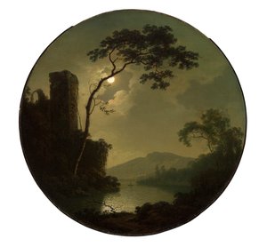 Lago com castelo em uma colina de Joseph Wright of Derby