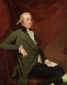 Retrato de Edward Abney, sentado três quartos, com um casaco verde, segurando uma carta contra uma cortina vermelha, final dos anos 1780 de Joseph Wright of Derby