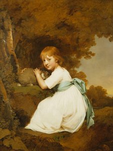 Retrato de Miss Bentley, sentado de corpo inteiro, usando um vestido branco, segurando um coelho em uma paisagem, c.1781 de Joseph Wright of Derby