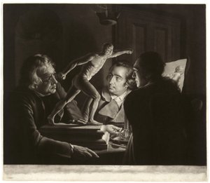 Três pessoas vendo o gladiador à luz de velas, gravada por William Pether, 1769 de Joseph Wright of Derby