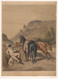 Dois cavalos com cavaleiro em repouso numa paisagem
Cavalos depois de Alfred de Dreux (título da série)
Motifs équestres d