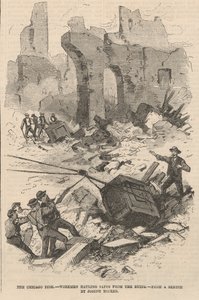 Trabalhadores, transportar, cofres, de, a, ruínas, ilustração, de, frank leslies, ilustrado, jornal, 1871 de Joseph after Becker