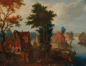 Uma paisagem fluvial com barcos e carruagens junto a uma aldeia de Joseph van Bredael