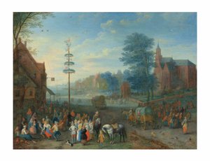 Uma kermesse de aldeia com figuras dançando ao redor de um mastro (óleo sobre cobre) de Joseph van Bredael