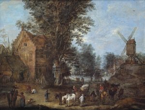 Uma cena de aldeia com viajantes e carroceiros e muitas outras figuras nas suas actividades diárias de Joseph van Bredael