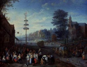 Kermesse da aldeia com os aldeões dançando ao redor de um poste e os viajantes em uma estrada de Joseph van Bredael